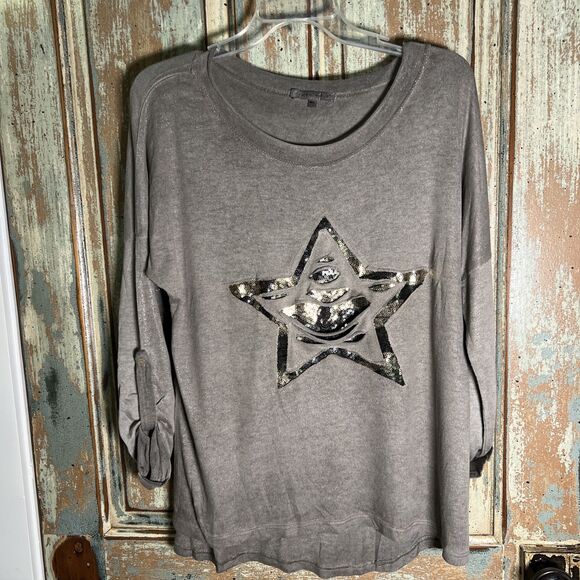 Tempo Paris Oversize Top Size M/L Gray Dye Star Distressed Sequin Silk Viscose - Picture 1 of 10